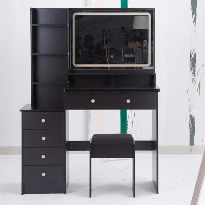 41" Large Size Left Bedside Cabinet Vanity Table+Cushioned Stool, Extra Large Touch Control LED Mirror, 3-color Switch, Multi Layer High Capacity Storage Fashionable Dresser, Suitable For Large Space