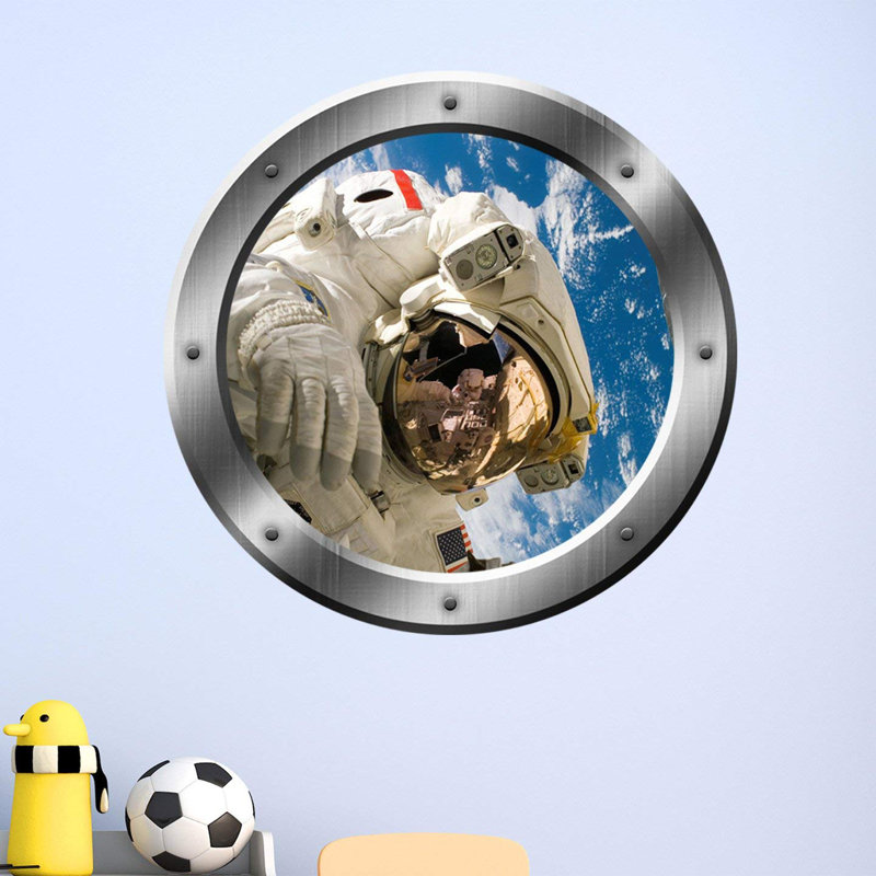 Décalcomanie murale astronaute hublot outer space 3d, H 24 po x l 24 po