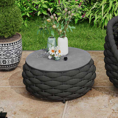 Fully Assembled Round Outdoor Coffee Table with Marble Pattern Tile Top & PVC-coated polyester Rope, Aluminum Frame for Patio, Porch, Garden Dark Gray