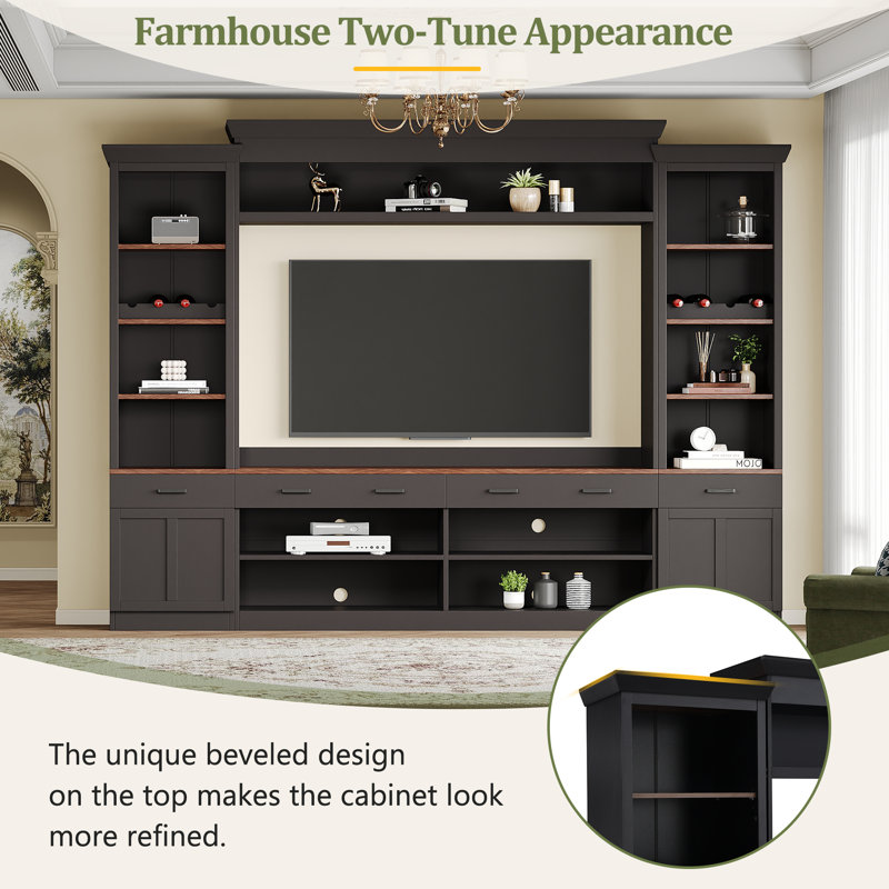 For Tvs Up To 70 Inches With Bookshelves, Adjustable Shelves, Wine Rack, Mid-Century Style Large Media Console, Black
