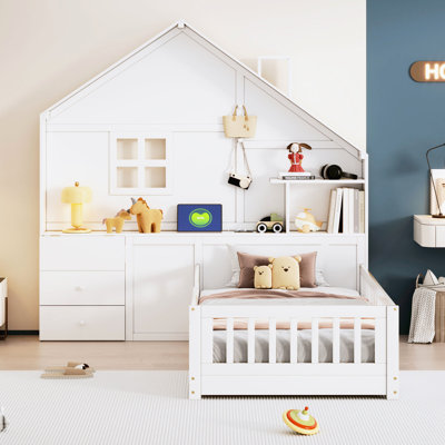 Lit simple blanc avec fenêtre, tiroirs de chevet, douilles et support de rangement simple