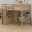 Lit mezzanine en bois avec garde-robe intégré, bureau, tablettes de rangement et tiroirs