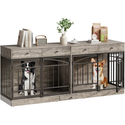 78.7" Double Dog Crate Furniture with Storage & 4 Doors, Feeding Bowls, Wood TV Stand, Grey