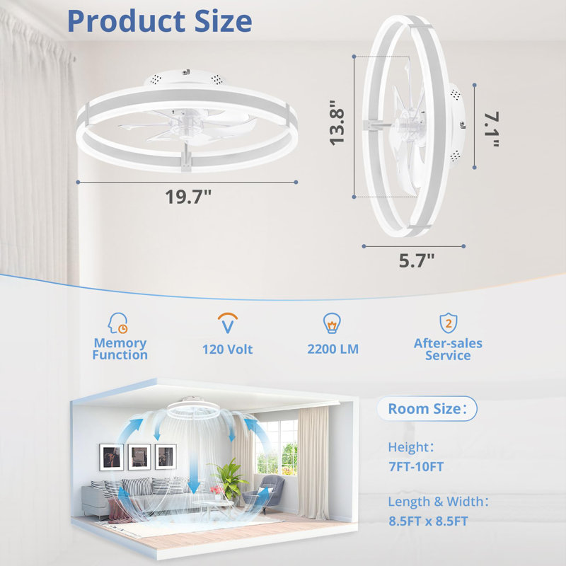 19.7 inch Low Profile Ceiling Fans with Lights and Remote, White
