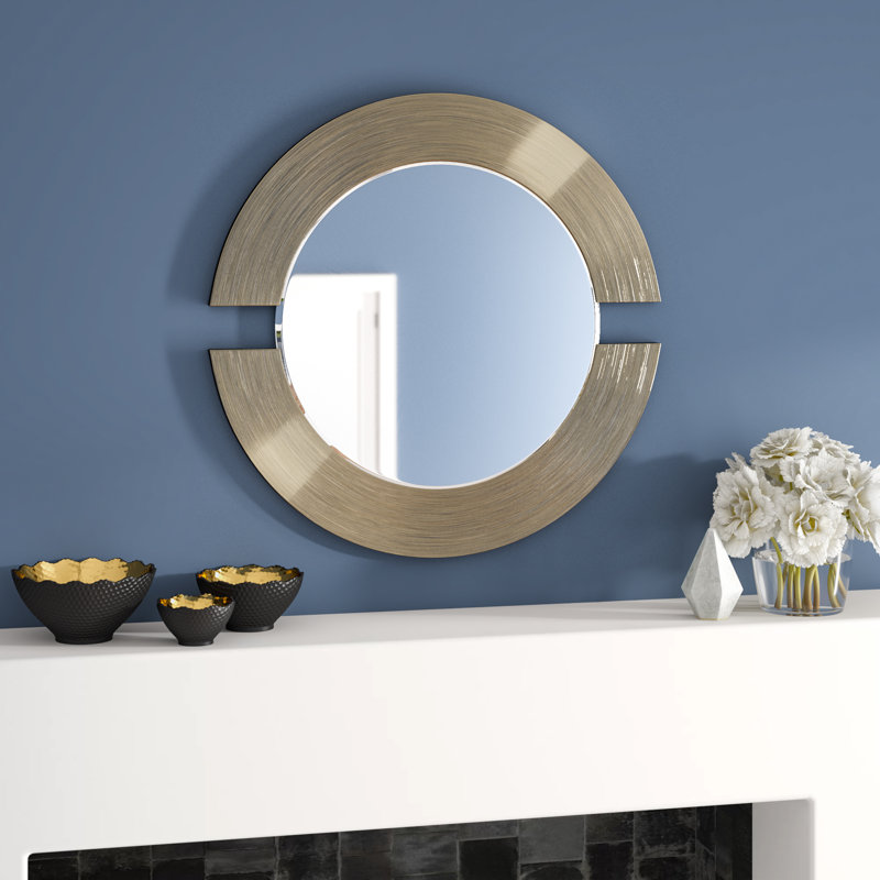 Agatie Round Beveled Wall Mirror with Partial Wood Frame, Silver