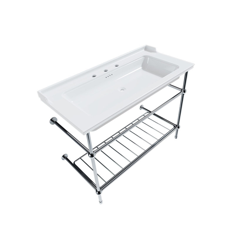 Gloss White Fireclay Rectangular Console Bathroom Sink with Overflow, Polished Nickel, 8" Centers
