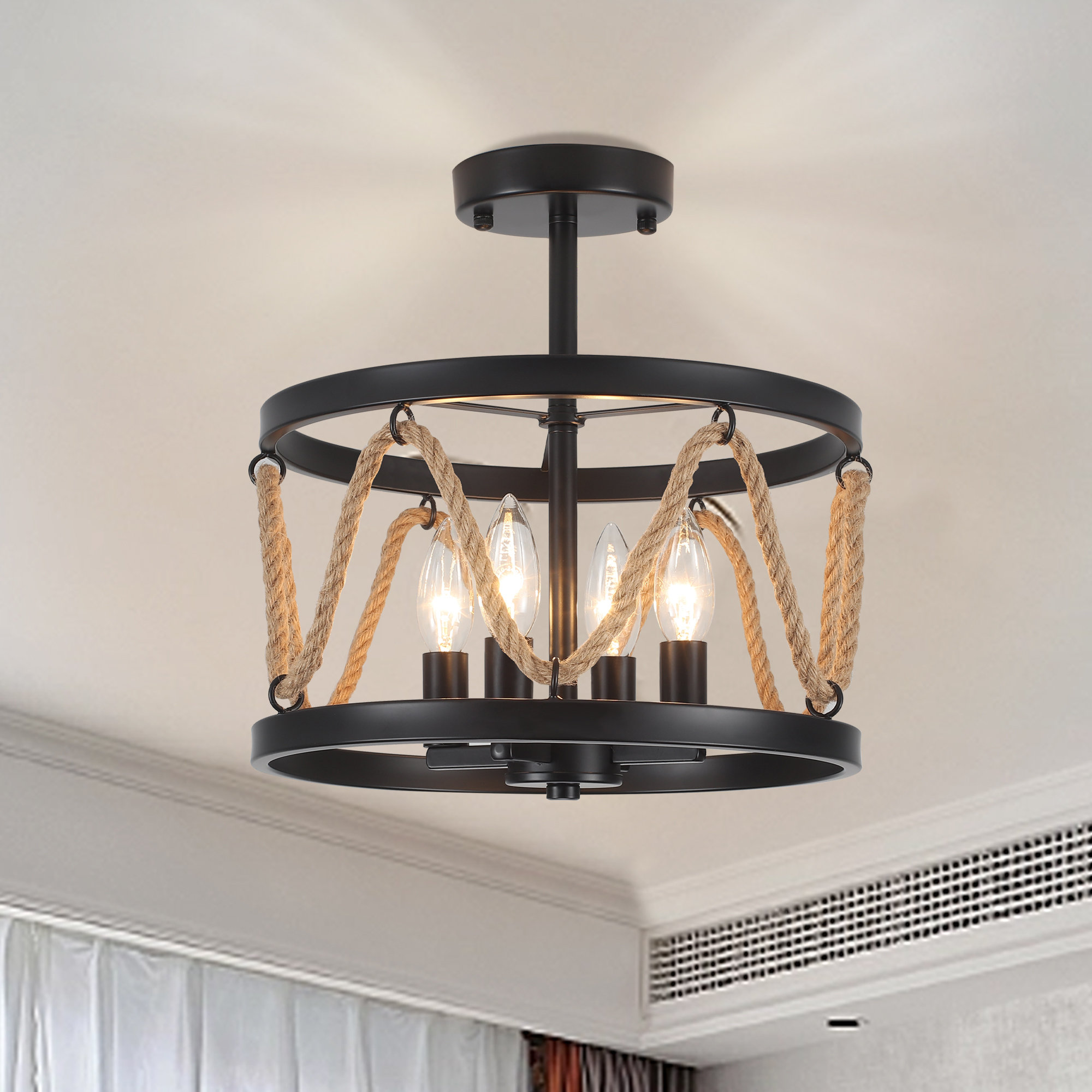 Gracie Oaks 4-Light Hemp Rope Semi Flush Mount 12.6" W Bohemian Ceiling ...