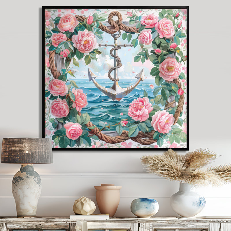Décoration de bord de mer rose, vert et ancre roses rétro II, Toile avec cadre flottant noir, H 30 po x l 30 po x P 1 po