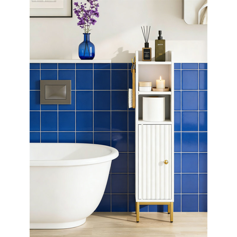 Small Corner Bathroom Floor Cabinet With Door & 2-Tier Adjustable Shelves, Narrow Toilet Paper Storage, White, White/Gold