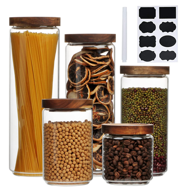 Boîtes en verre avec couvercles en bois pour pots de rangement, contenants à thé, sucre et café, ensemble de 5 pots