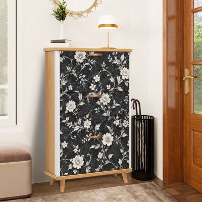 Meuble à chaussures à 3 tiroirs rabattables, noir et blanc, motif floral vintage, élégance botanique, style marbre foncé. Étagère à chaussures étroite et discrète, idéale pour entrée, couloir, hall d'entrée, garde-robe ou petit espace en appartement.