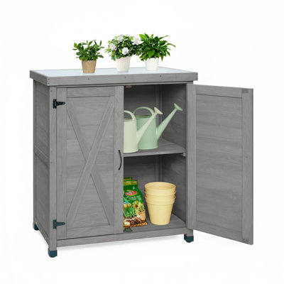 Banc de rempotage avec armoire de rangement et plateau en métal galvanisé - poste de travail de patio extérieur avec tablettes réglables, conception imperméable pour le jardinage et le rangement, fabrication en bois de sapin rustique