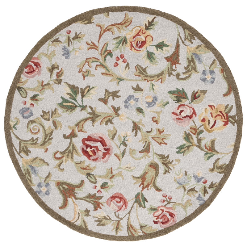 Handmade Round Ivory and Sage Floral Wool Rug