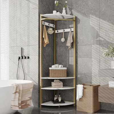 Portant de coin à vêtements avec étagères de rangement à 4 niveaux, blanc et or