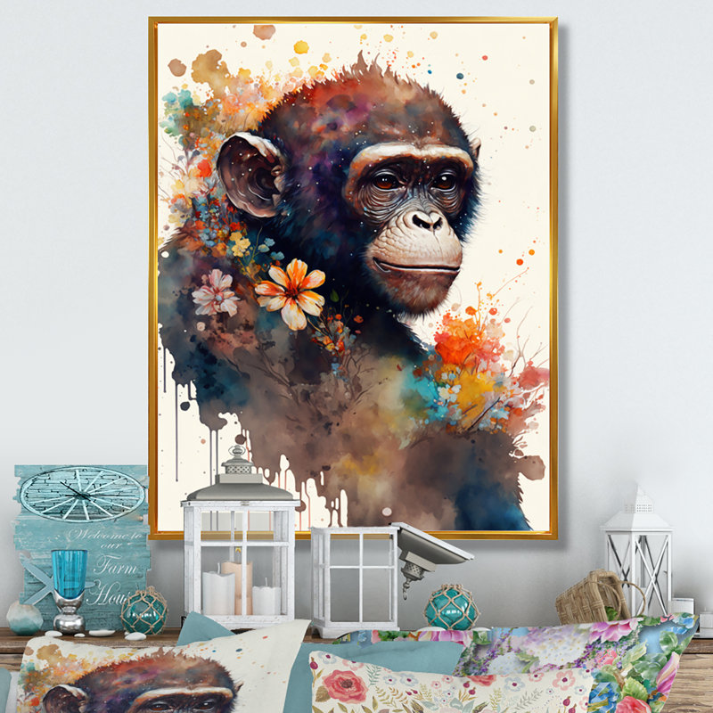 «Cute Monkey Floral Art I», reproduction d'art sur toile, L 16 po x H 32 po, Toile avec cadre flottant or