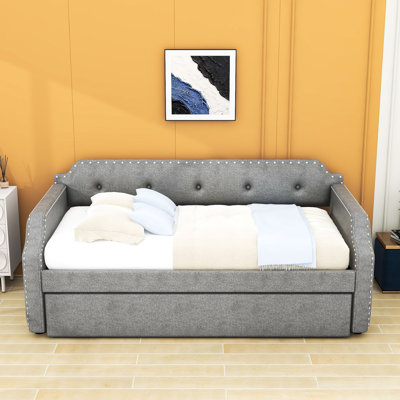Upholstered Wood Daybed with Twin Trundle and Nailhead Accents