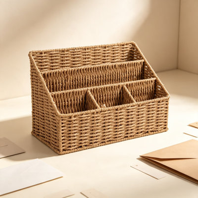 Organisateur de bureau en rotin, support de courrier de table avec plusieurs fentes, fournitures de bureau en osier, accessoires de bureau Boho, panier de comptoir pour le courrier, les magazines et la papeterie, panier de rangement tissé naturel