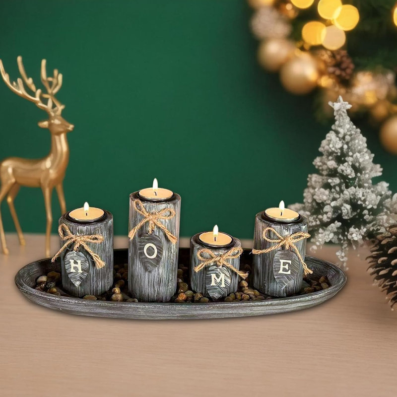 Wooden Candle Holder Centerpiece With Rustic Tray