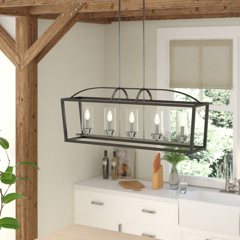Luminaire suspendu pour îlot de cuisine 5 lumières Skegness, Verre transparent, Noir mat