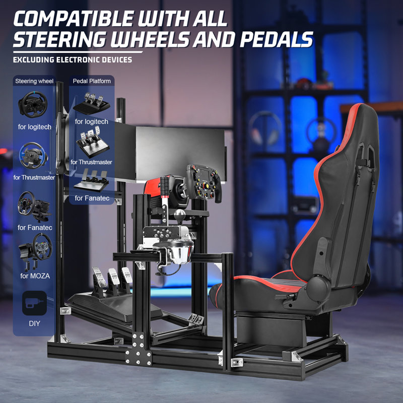 Anamn Racing Sim Cockpit With Triple Monitor Mount And Red Seat.not Include Wheel Handbrake Shifter And Pedals