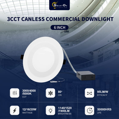 6 Inch 120-277V Recessed LED Commercial Downlight with J-Box, Wattage Adjustable 12/16/20W,3 Color Selectable 3000K-5000K, 0-10V Dimmable, IC Rated,Canless LED Downlight, UL Listed