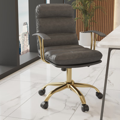 Modern Leather Swivel Office Chair with Adjustable Height and Tilt Lock, Gold Steel Base Computer Desk Chair by Everly Quinn