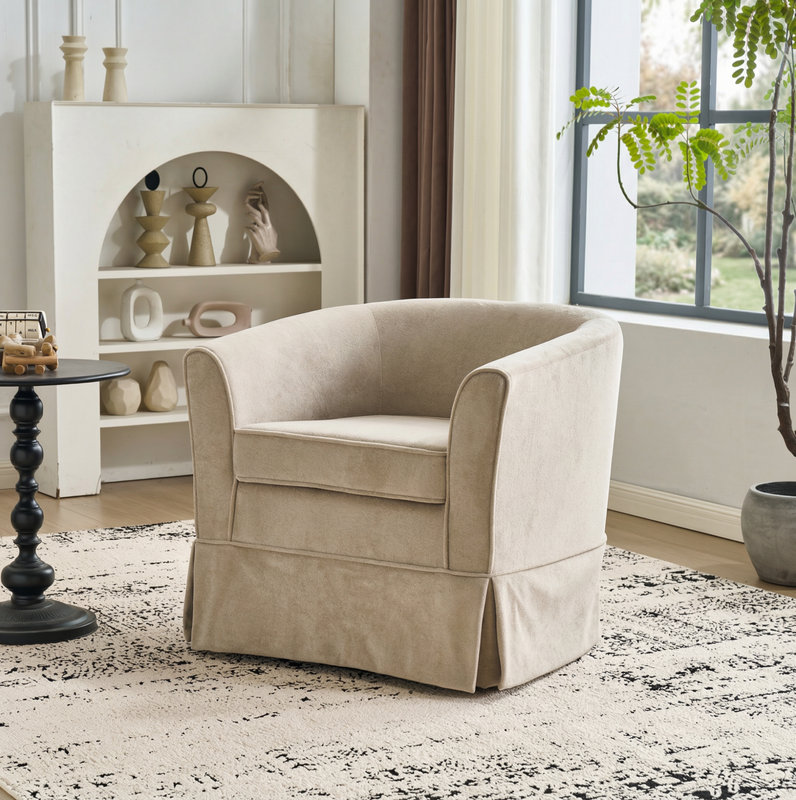 Fauteuil demi-tonneau pivotant en velours beige moderne - base à jupe, coussin moelleux, fauteuil d'appoint de salon