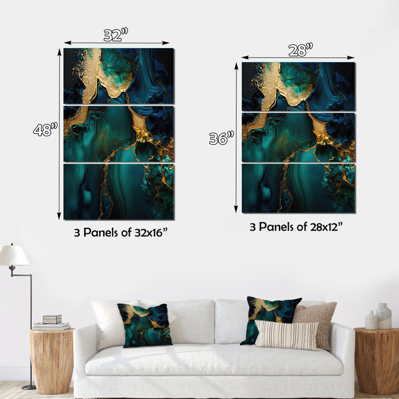 Impression sur toile tendue à motif de marbre abstrait vert et or 3 pièces