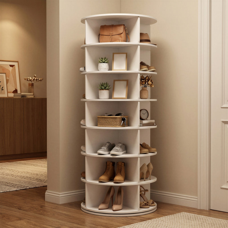 7-Tier 28 Pairs Spinning Shoe Rack Tower, Rotating Shoe Organizer, White