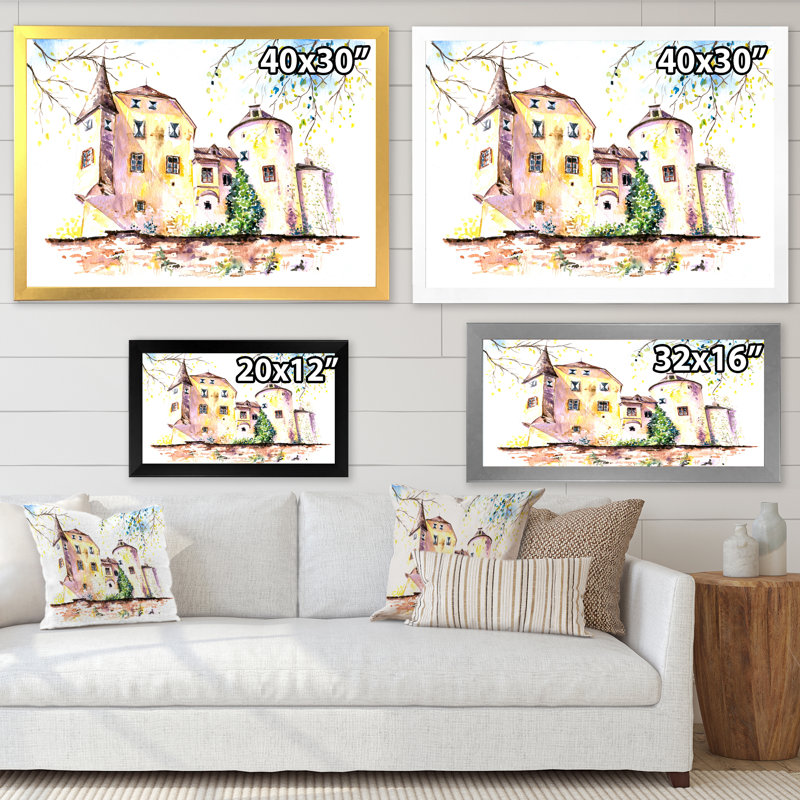 Château jaune rétro - peinture sur toile, H 34 po x l 44 po, Toile avec cadre photo doré