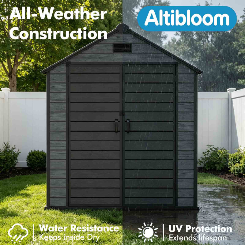 Abri de jardin Altibloom en résine, 1,83 m x 1,34 m, 5,1 m³, résistant aux intempéries, avec plancher et porte verrouillable.