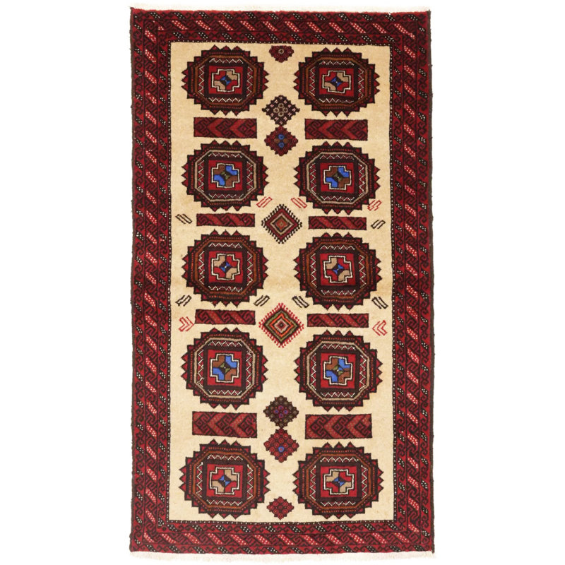 Tapis oriental vintage tribal beige et rouge 3X6 Vintage