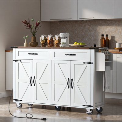 Farmhouse Kitchen Island With Power Outlet, Drop Leaf, Spice Rack, Drawers, And Wheels