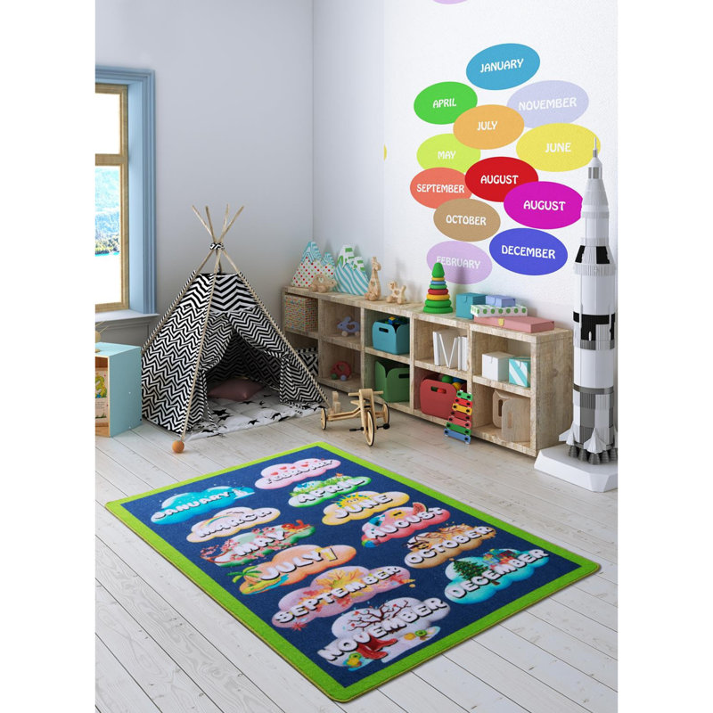 Tapis rectangulaire gris / bleu / rose en polyamide touffeté à la machine Ashlock, Rectangle 4 pi 4 po x 6 pi 3 po