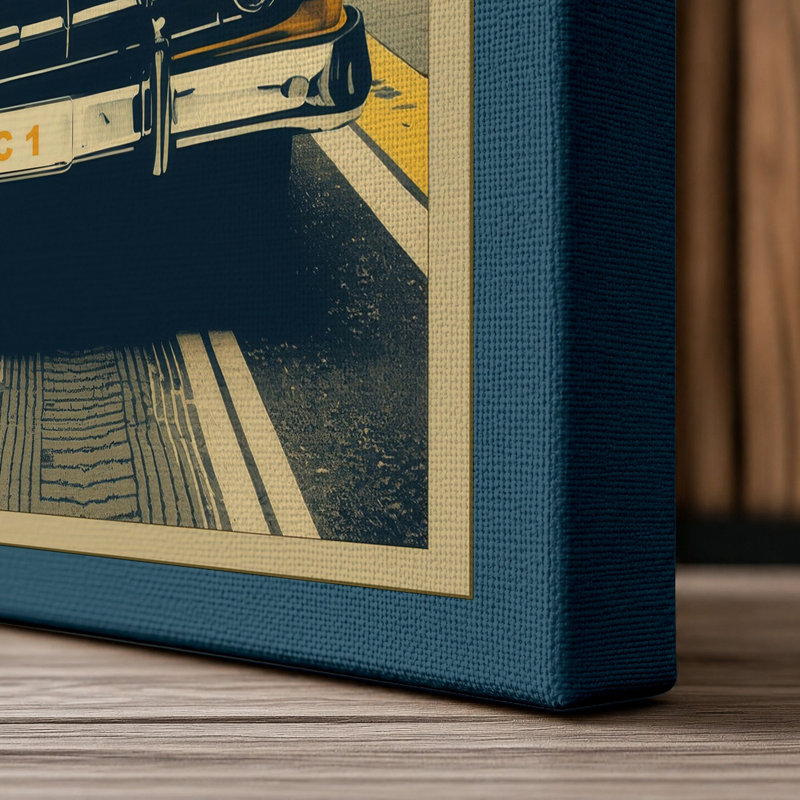 Yellow Car on Urban Street Retro - Wrapped Canvas, 18x12 - 45.7 x 30.5 cm, Teal Border