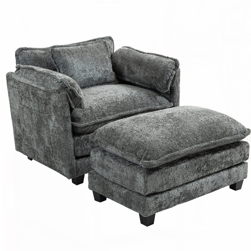 Boucle Fabric Club Chair Armchair with Ottoman, Dark Gray