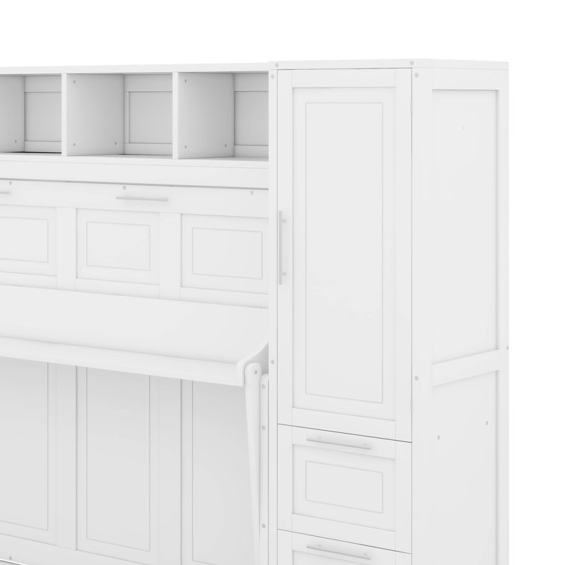 Lit escamotable double avec tiroirs et garde-robe, Blanc