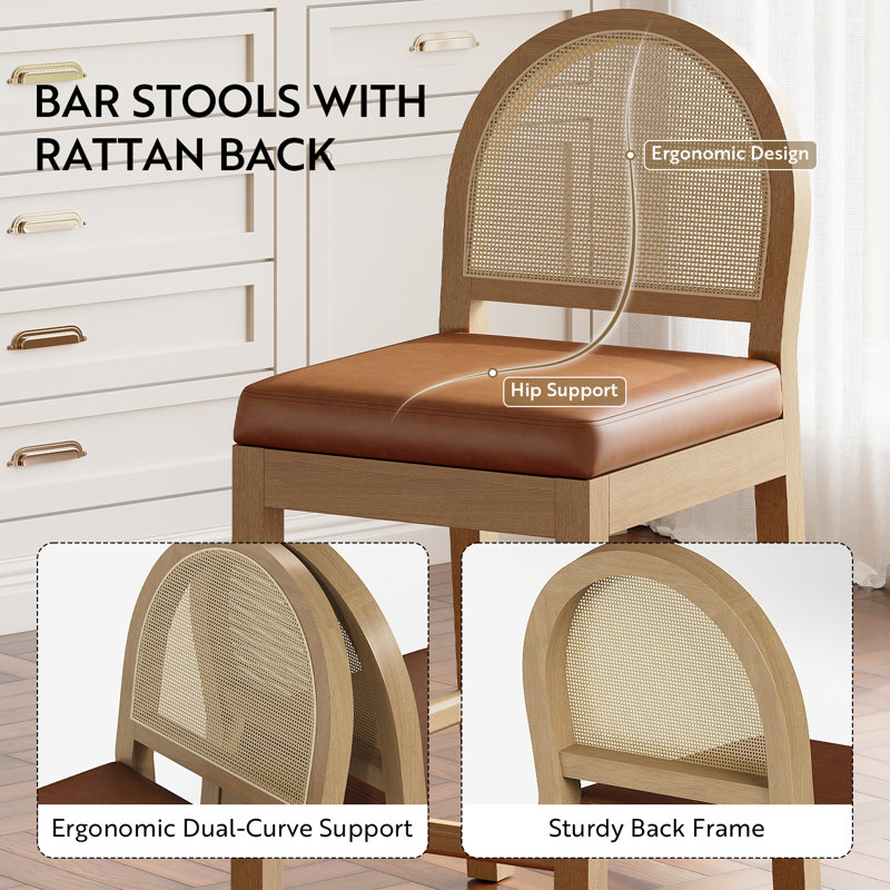 Wooden Bar Stools Set Of 4 With Natural Rattan Back