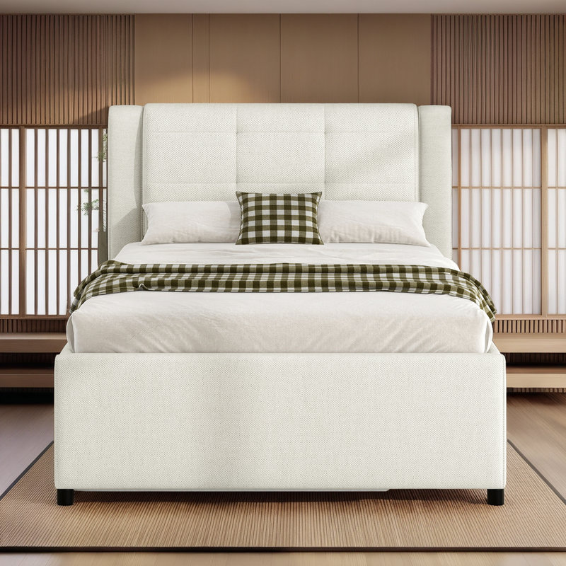 Lit plateforme double tapissier avec lit gigogne escamotable, structure en bois massif