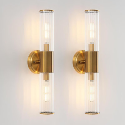 Ensemble de 2 appliques murales dorées en laiton brossé avec abat-jour en verre dépoli, luminaires muraux modernes de 28 po pour la salle de bain, le couloir et le salon
