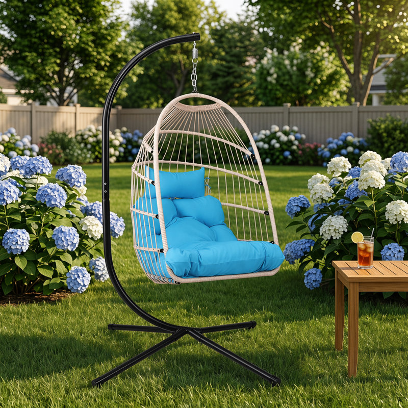 Fauteuil suspendu d'extérieur pliable avec support et oreiller, balançoire ergonomique en osier avec repose-tête, Bleu