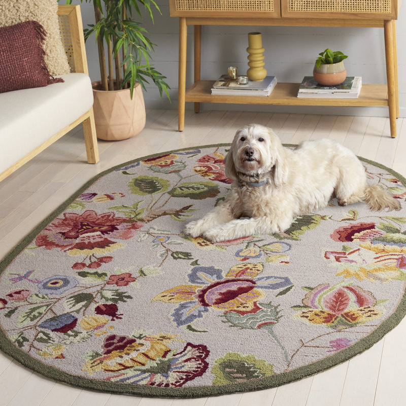 Tapis sauge en laine à motif floral Hollander, Ovale 4 pi 6 po x 6 pi 6 po