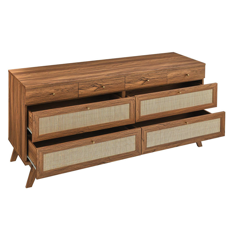 Walnut Double 8-Drawer Dresser with Rattan Weave