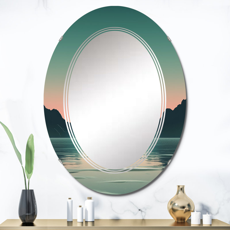 Pleine lune levant le minimalisme océanique en bleu rétro I - miroir décoratif plage côtière, 36 po x 24 po