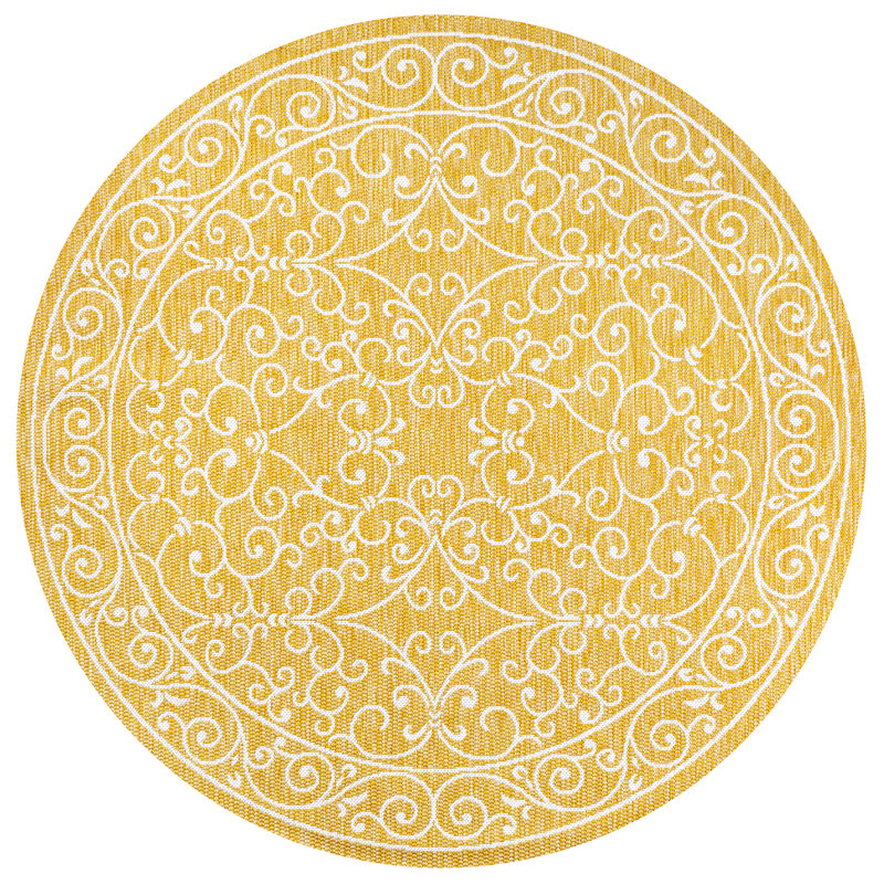 Debbe Vintage Filigree Textured Weave Yellow/Cream Indoor/Outdoor Rug, Round 5'3"