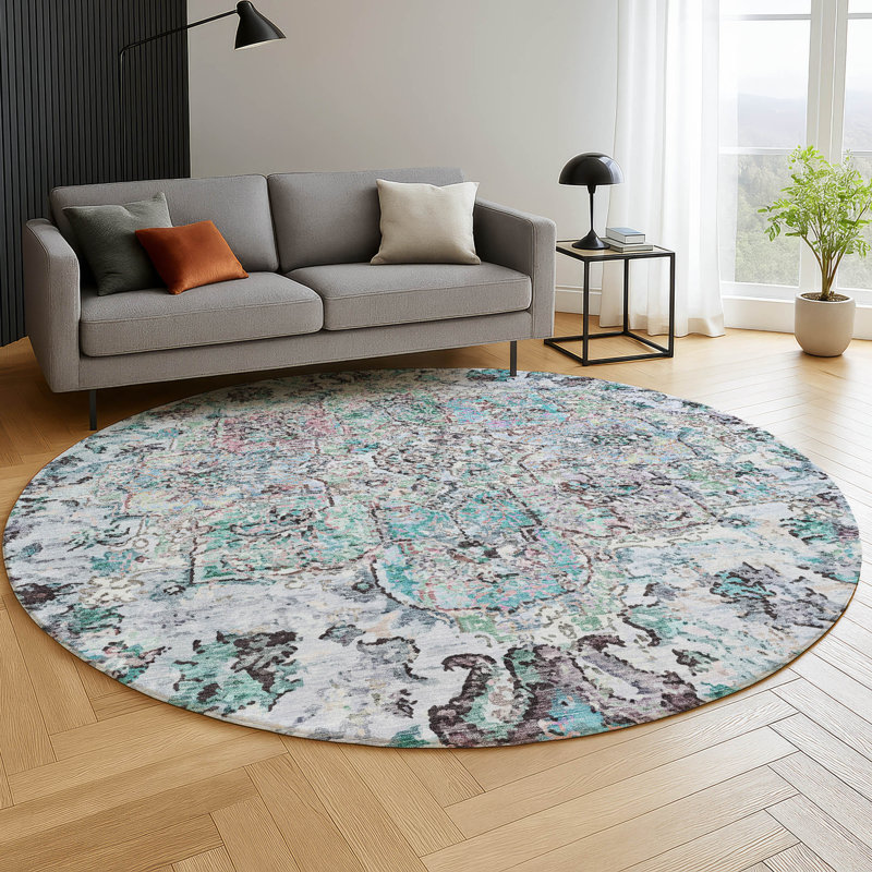 Premium Machine Washable Mayfield AMF2138 global Rug, Sky, 8' Round