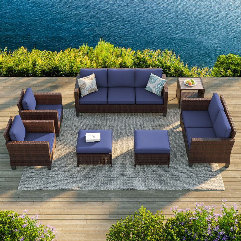 7 Pieces PE Rattan Furniture Set with Side Table and Patio Chair, Brown, Navy Blue