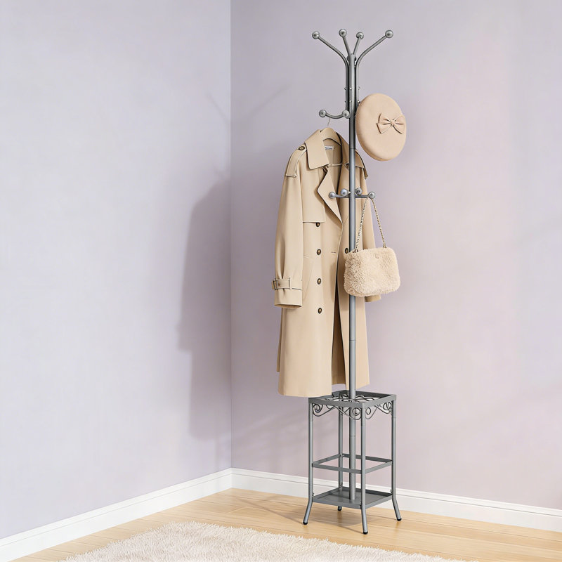 Freestanding Coat Rack With Umbrella Holder, 12-Hook Metal Coat Tree Stand For Entryway, Hallway, Home And Office, Durable Steel Construction With Removable Hooks