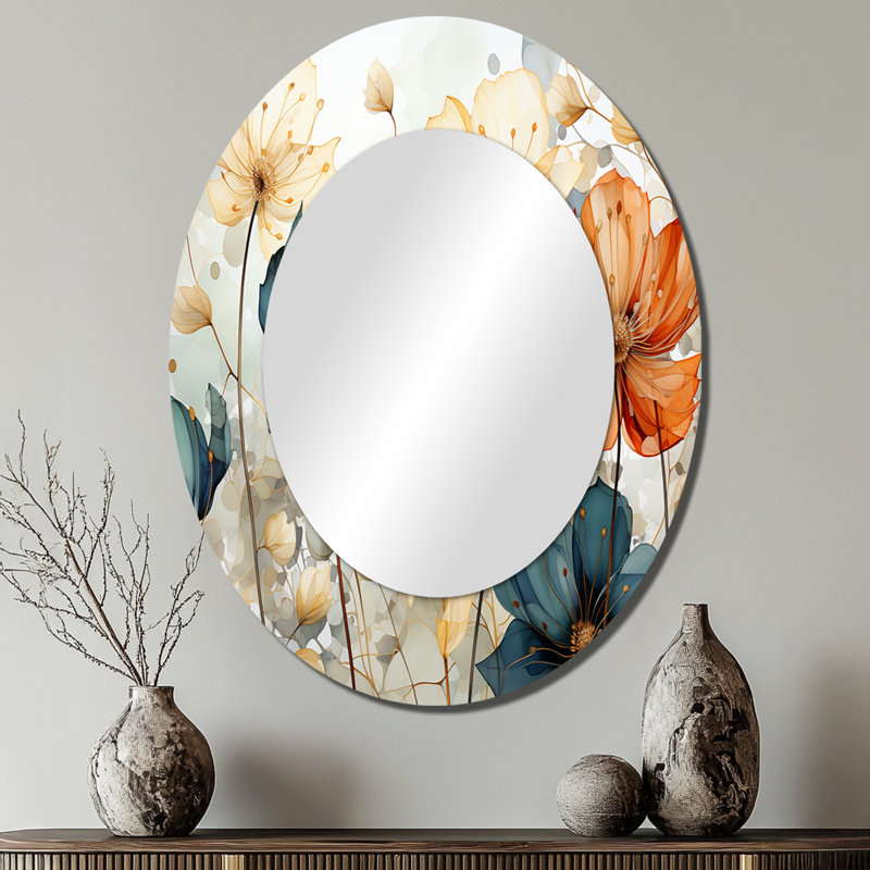 Grand miroir mural ovale bleu sarcelle avec pétales orange sarcelle I, 40 po x 30 po