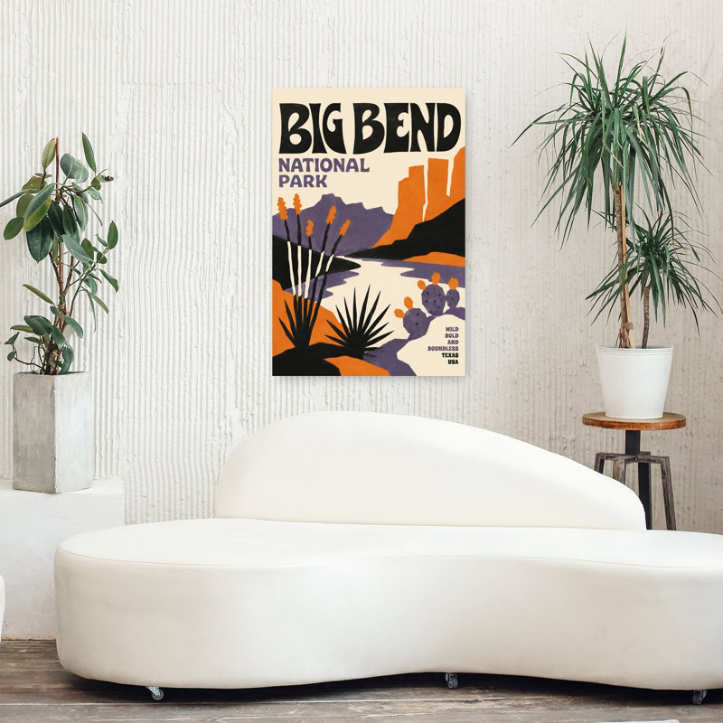 Big Bend National Park Retro Vintage Abstract Cactus Landscape Mountain Wall Art Print 1 Piece Wrapped Canvas Wall Art